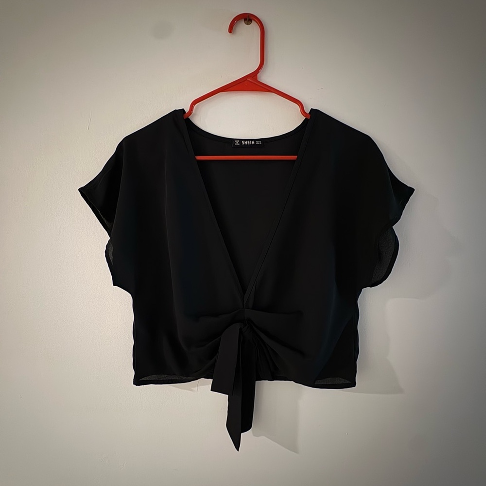 Shein Black Plunge Neck Tie Front Top